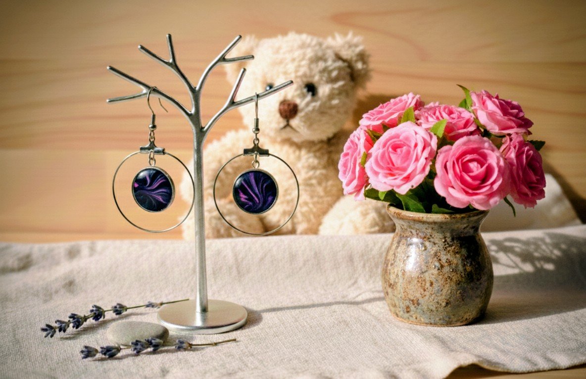 Boucles d'oreilles anneaux en peinture acrylique – Image 2