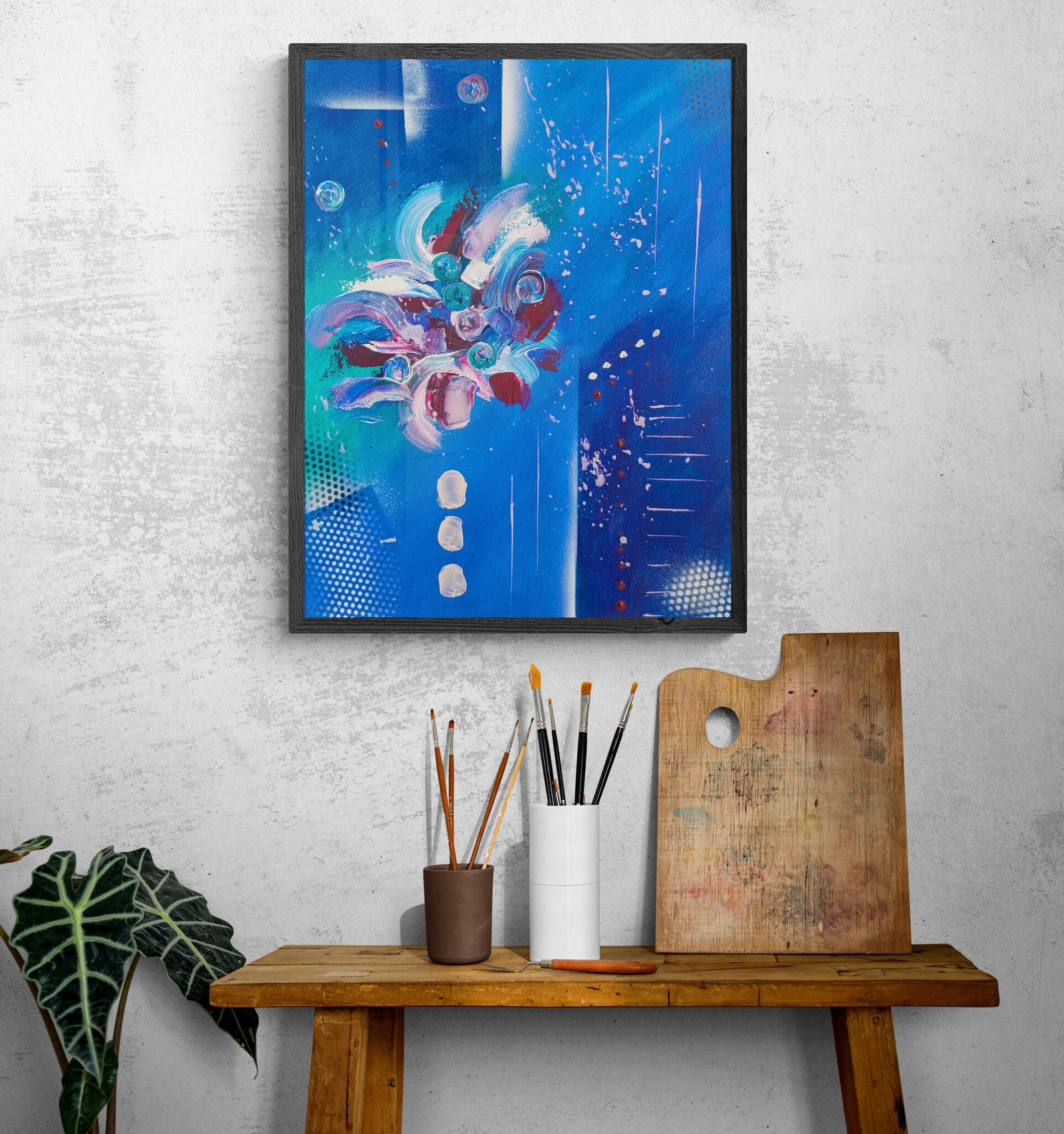 BLUE LAB - Par Norbert CHIAPPERIN Magnifique tableau abstrait , utilisation de techniques mixtes en peinture acrylique : couteaux , pinceaux , bombes Finition vernis brillant. Châssis entoilé de qualité - 35 x 45 cm. Toile coton.