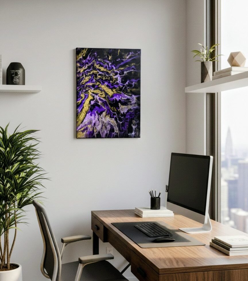 PURPLE RAIN - Par Norbert CHIAPPERIN Magnifique tableau abstrait noir , or et violet : utilisation de techniques Pouring en peinture acrylique. Finition vernis brillant. Châssis entoilé de qualité - 30 x 40 cm. Toile coton.