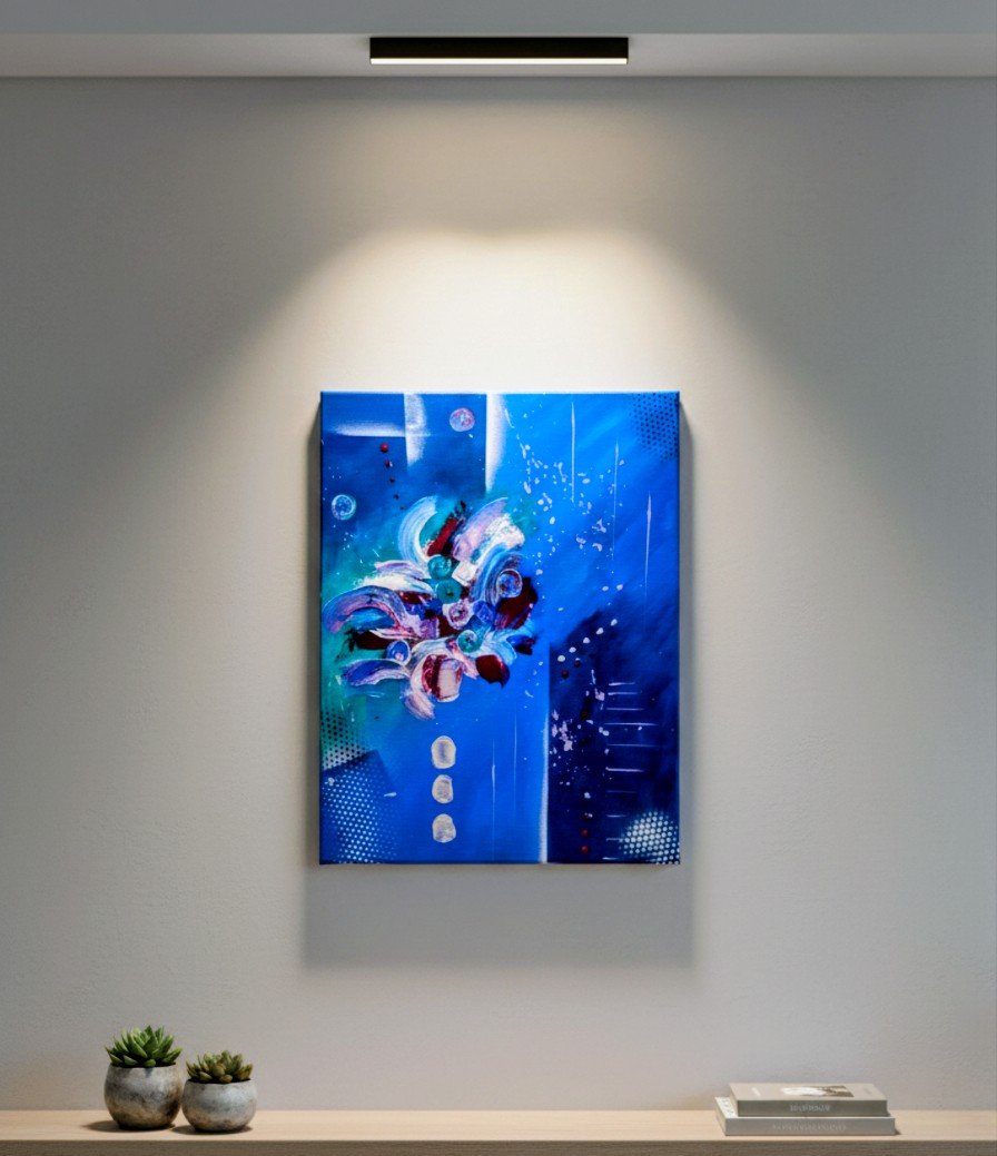 BLUE LAB - Par Norbert CHIAPPERIN Magnifique tableau abstrait , utilisation de techniques mixtes en peinture acrylique : couteaux , pinceaux , bombes Finition vernis brillant. Châssis entoilé de qualité - 35 x 45 cm. Toile coton.