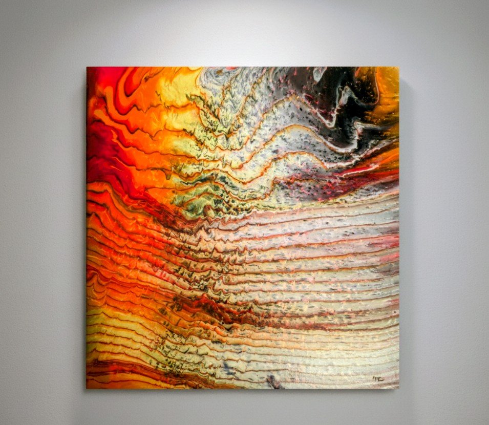VOLCANO 25 - Par Norbert CHIAPPERIN Magnifique tableau abstrait , utilisation de techniques Pouring en peinture acrylique. Finition vernis brillant. Châssis entoilé de qualité - 40 x 40 cm. Toile coton